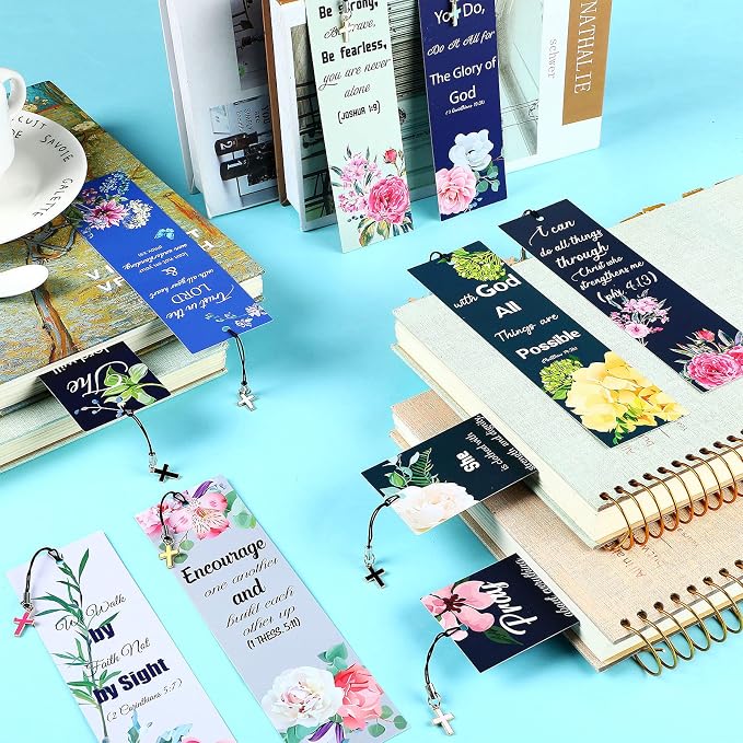 Tenare 20 Pcs Christian Bible Bookmarks for Women, Inspirational Verses Bookmarks with Cross Pendants, Religious Gifts for Women Men Reading Lovers(Floral Style)