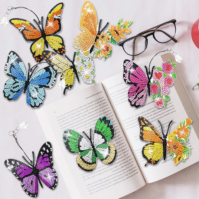 LINGFANG 8 Pcs Diamond Painting Bookmark, Diamond Art Kit for Adults, DIY Book Makers for Book Lovers, Diamond Dot Beginner, Small Diamond Art Kit, Paint by Art Crafts Gift for Women Girls (Butterfly)
