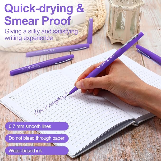Fuyoooo 36 Pcs Purple Felt Tip Pens 0.7mm Medium Point Felt Tip Marker Pens Bulk, No Smear, Quick Dry for Journaling Planner Writing Note-taking Art Office and School Supplies