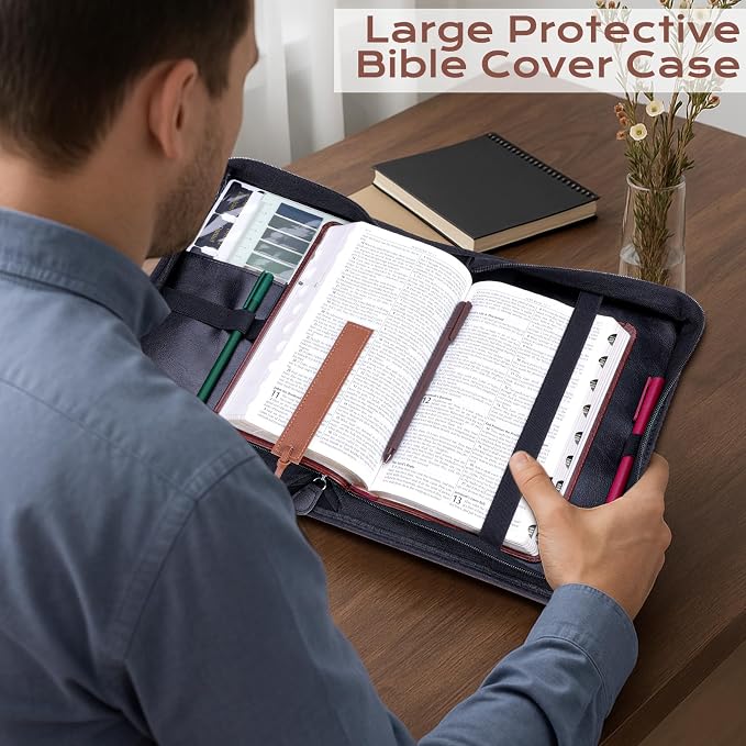 XKDOUS 20 Pcs Bible Case Set with Tabs, Pens, Study Supplies Carrier Holder Portable Men's Bible Bag Church Book Leather Cover Father Day Christian Gift for Dad, Mom, Men, Women