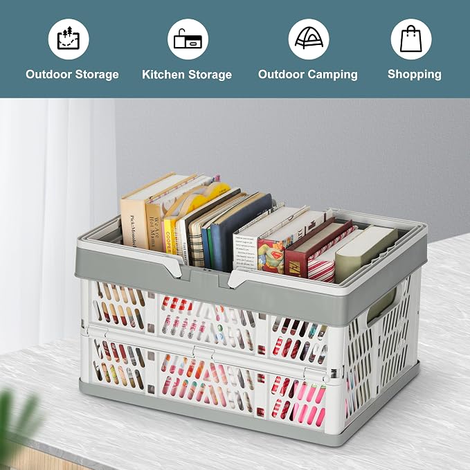 Heavy Duty Plastic Milk Crates for Storage, 2-Pack Stackable Storage Bins for Organizing, Collapsible Shopping Basket with Handle for Groceries, Suitable for Home Office School Store, Gray