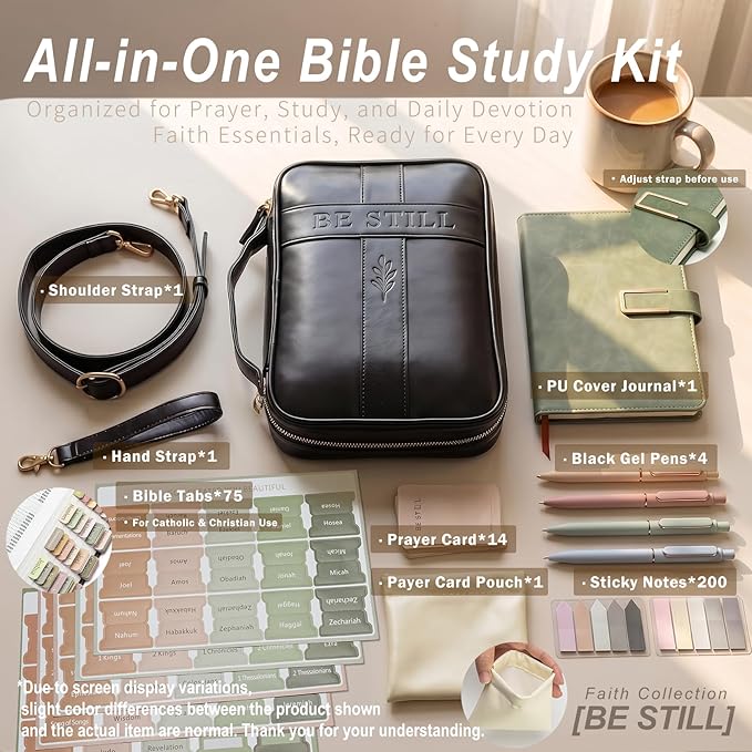 Bible Cover Case for Women, Vegan Leather Bible Carrying Case with Strap and Zipper, Bible Study Kit with Journal, Pens, Tabs and Sticky Notes, Large Bible Bag for Church, Ideal Gift (Black)