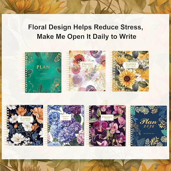CAGIE 2026 Planner Weekly and Monthly — January - December 2026 Calendar, Hardcover Spiral Bound, 13 Monthly Dividers Tabs, Stickers, 8.3 x 9.3 Inch, Women Sunflower Planner Agenda For Work, Family Affiar, Personal