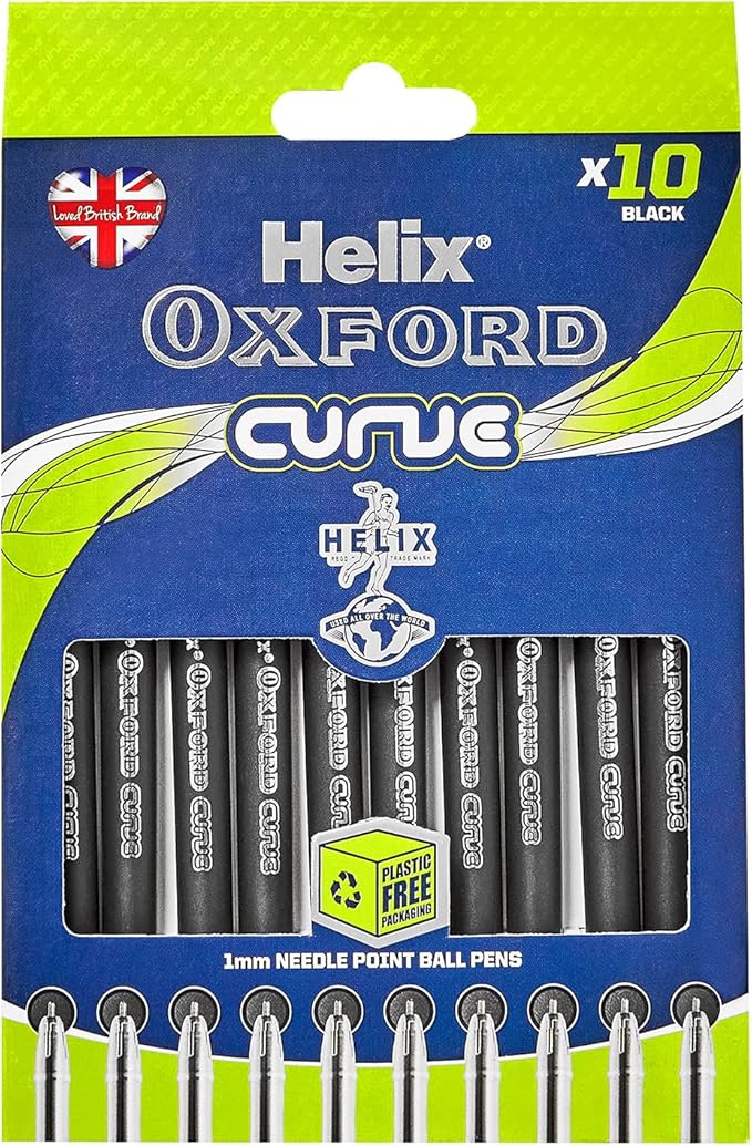Helix Oxford Curve Ballpoint Pens (x10 Pack Black Ink) with Plastic Free Packaging