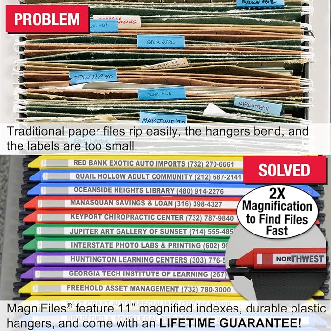 Ultimate Office MagniFile Hanging File Folders V Base Letter Size with 11 inch Magnified Indexes that Double The Size of Your File Titles to Find Files Fast. (Set of 5 Assorted)