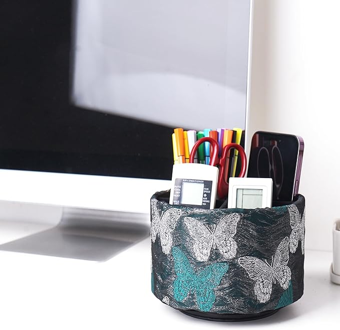 Round Leather Art Supply Organizer,Remote Control Holder,360-degree Rotating Pen Organizer with 4 Compartments(1-Butterfly Green3)