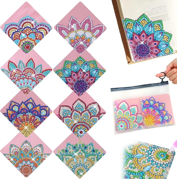 8 Pcs Diamond Painting Bookmark, DIY Corner Book Makers for Adults Book Lovers, Diamond Art Beginners, Small Diamond Art Kits, Paint by Art Crafts Supplies Gift for Women Girls (Mandala)