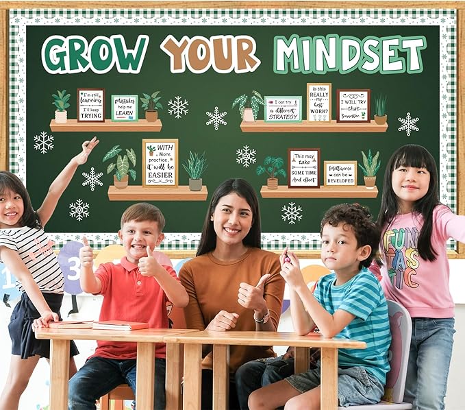Pasimy Winter Growth Mindset Bulletin Board Plant Motivational Classroom Decorations January Bulletin Board Set Inspirational Bookshelf Greenery Cutouts for Holiday Office Library Wall Door Supplies