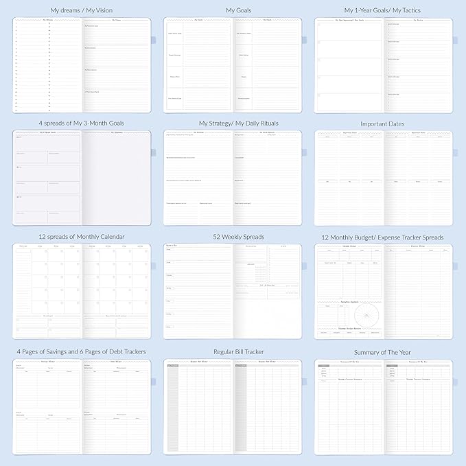 GoGirl Planner PRO - Undated Horizontal Layout Weekly Planner and Organizer + Budgeting and Expense Tracking Pages, Goals Journal & Agenda, 7" x 10" Hardcover, Lasts 1 Year - Periwinkle