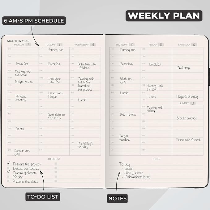 Skyline Hourly Weekly Planner – Undated Agenda & Daily Appointment Book – Time Blocking Notebook for Business Entrepreneurs, A5 (Black)