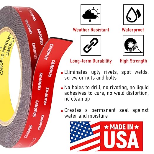 CANOPUS Double Sided Tape, 5952 Heavy Duty Mounting Tape, Strong Bond & Weatherproof Seal Strip for Automotive Mounting, Picture and Photo Frame, Poster, Craft, 0.75 in x 45 ft, Black, Made in USA