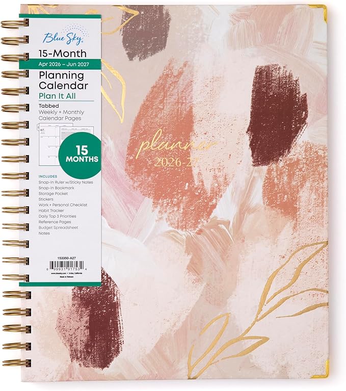 Blue Sky 15 Month 2026-2027 Weekly and Monthly Academic Year Planner Calendar, April 2026 - June 2027, 8.5" x 11", Hard Cover, Wirebound, Laminated Tabs, Storage Pocket, Includes Snap-in Ruler w/Sticky Notes & Sticker Sheet, Henri