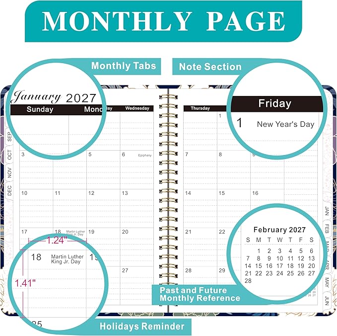 Planner 2026-2027,Agenda 2026-2027, July 2026 to June 2027 Monthly Weekly Calendar Planner with Month Tabs, 6.1" x 8.5" Hardcover Spiral Bound Cover for Daytimer Schedule Work School (A01)