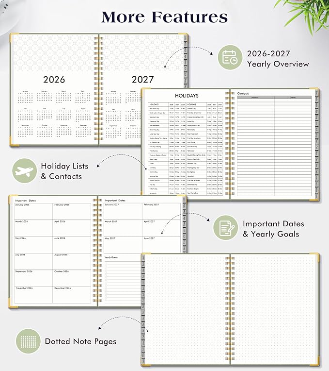 Planner 2026-2027, 18 Months Weekly and Monthly Hardcover Planner, January 2026 - June 2027, 5.75" x 8.38" A5 Daily Calendar Planner Book with Tabs, Spiral Yearly Agenda Organizer Notebook for School Work Home, Green