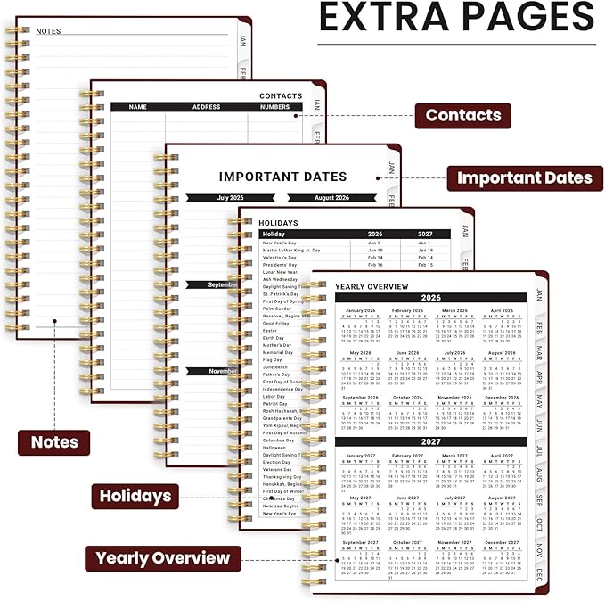2026 Planner - Weekly and Monthly Planner, January 2026 to December 2026, Spiral Bound 2026 Calendar Planner Book, Inner Pocket, Perfect for Office Home School Supplies - A5 (6.3" x 8.5"), Burgundy