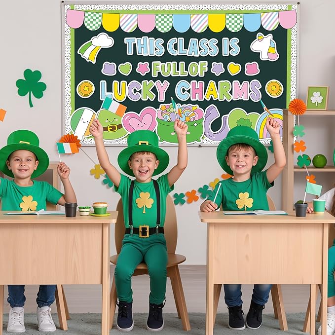St. Patrick's Day Bulletin Board Decoration Lucky Shamrock Clover Rainbow Gold Coin Irish Clover Cutouts March Classroom Bulletin Board Set for School Chalkboard Wall Door Decoration Favor