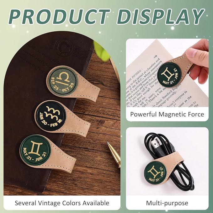 3 PCS Leather Magnetic Bookmark Clips, Zodiac PU Leather Bookmarks for Book Lovers, Full Set of Book Clip Accessories, Wind Direction Constellation