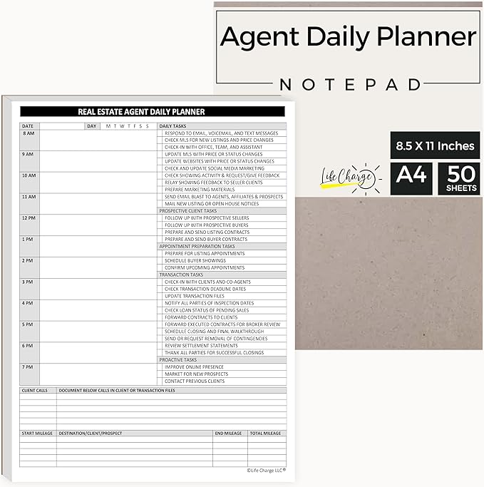 Agent Daily Planner Notepad – Real Estate Daily Task, Call & Mileage Log (8.5 × 11)