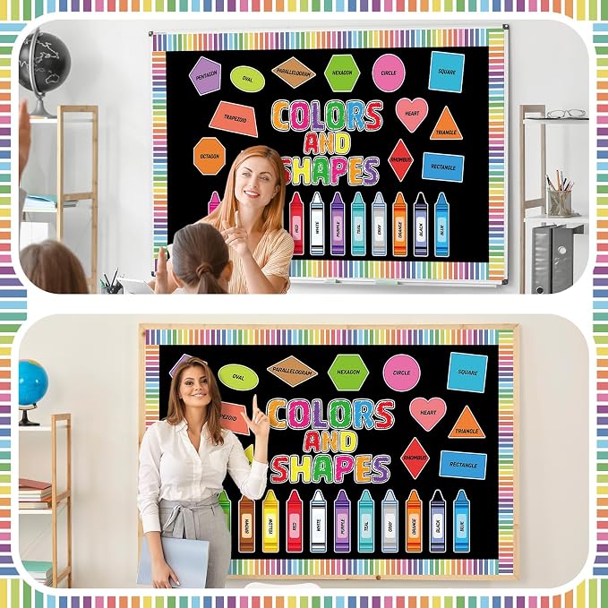 70 Pcs Colors and Shapes Bulletin Board Decorations Color Recognition Crayon and Shapes Cutouts Back to Schoool Learning Poster for Chalkboard Wall Classroom Decor