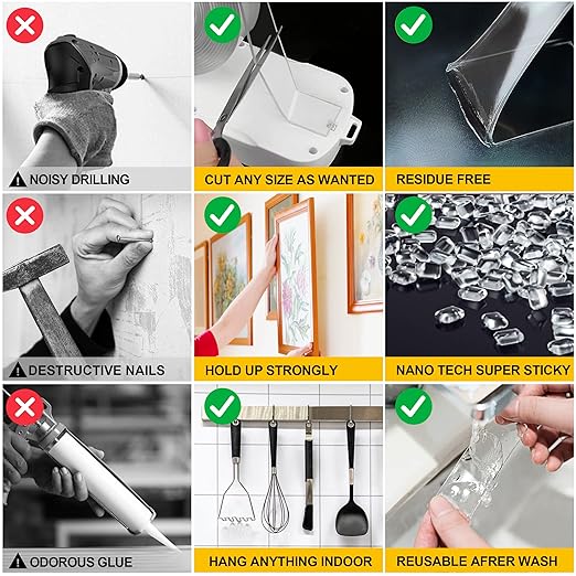 Double Sided Tape Heavy Duty - Clear Mounting Adhesive Two Tape, Transparent Strong Removable Stick Wall Strips Picture Carpet - Arts & Crafts Tape