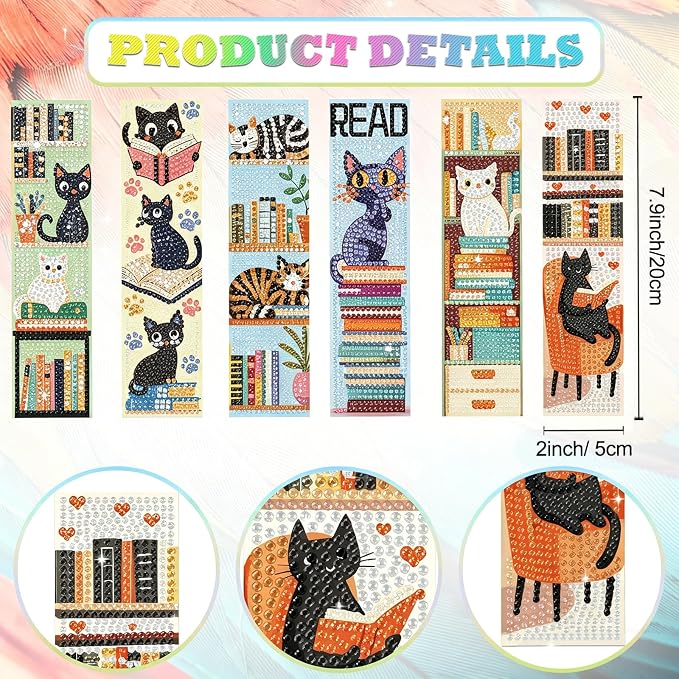 6Pcs Cat Reading Diamond Art Bookmarks Books Diamond DIY Painting Bookmarks Bookshelves Rhinestones Beaded Acrylic Tassel Bookmark for Adult Beginner Crafts