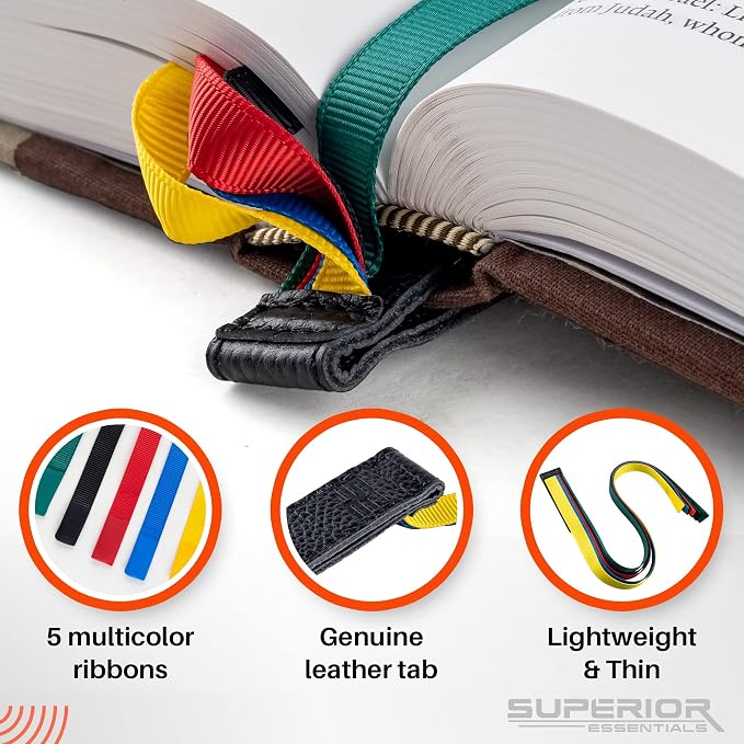 Superior Essentials Magnetic Bible Bookmark - Genuine Leather, Attachable Bible Ribbon Bookmarks for Book Lovers with 5 Strings - No More Flipping Pages Using Our Bible Page Marker (3PC, Rainbow)
