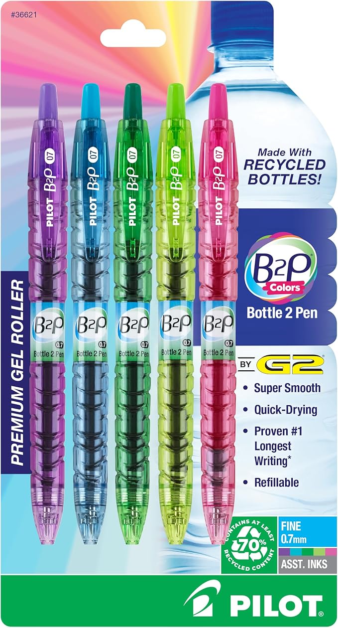 PILOT B2P Colors - Bottle to Pen Refillable & Retractable Rolling Ball Gel Pen Made From Recycled Bottles, Fine Point, Assorted Color G2 Inks, 5-Pack (36621)