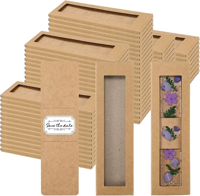 Roowest 50 Set Kraft Bookmark Boxes Sleeves Resin Bookmark Holder 5.9 x 1.8'' Cardboard Gift Boxes DIY Blank Display Cards for Wrapping Gift Supplies(Brown)