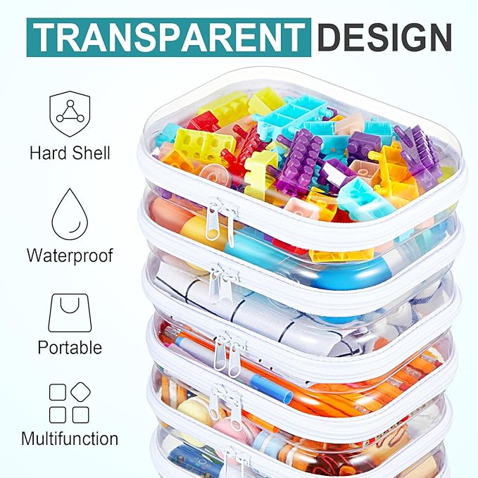 15 Pcs Clear Hard Shell Zipper Case Plastic Bins Transparent Double Zippers Hard Pouch Clear Plastic Storage Box Containers for Building Blocks Cosmetics, Puzzles(7.9 x 5.9 Inches)