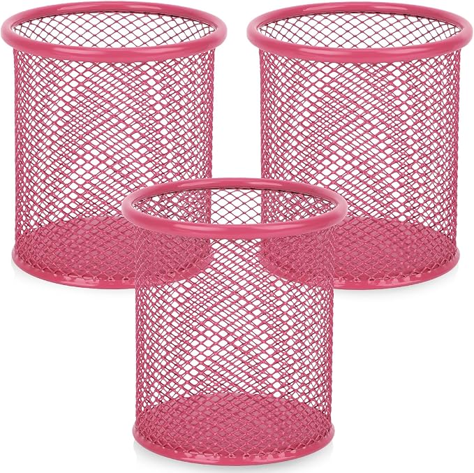 Segarty Pen Cup, 3 Pack Cute Dark Pink Pen Holder, Round Mesh Pencil Holder for Desk, Desktop Accessories Organizer for Office Supply, School, Home Storage, Makeup Brush Organization