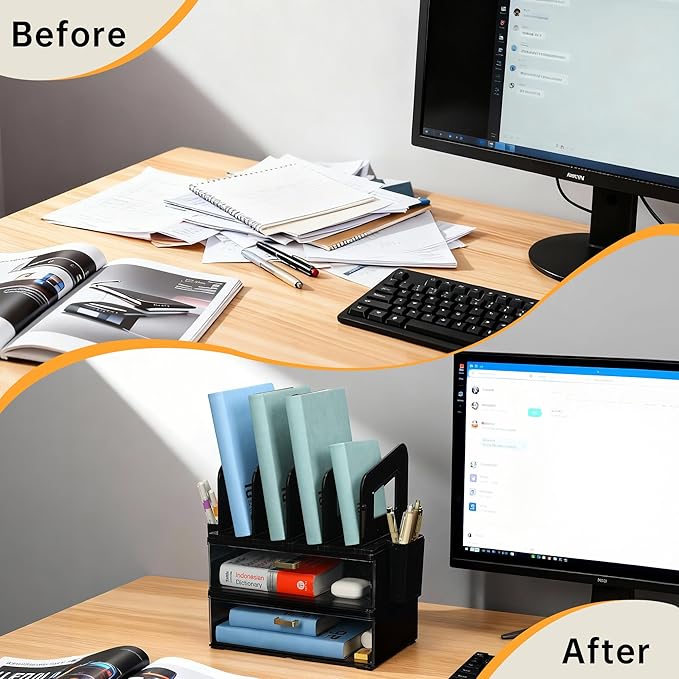 CiWiVOKi Desk Organizer with 4 File Holder Slots, 2 Clear Drawers & Dual Pen Holders, Sturdy Multi-Functional Desktop Storage for Home Office, Mail Sorter & Caddy, Black