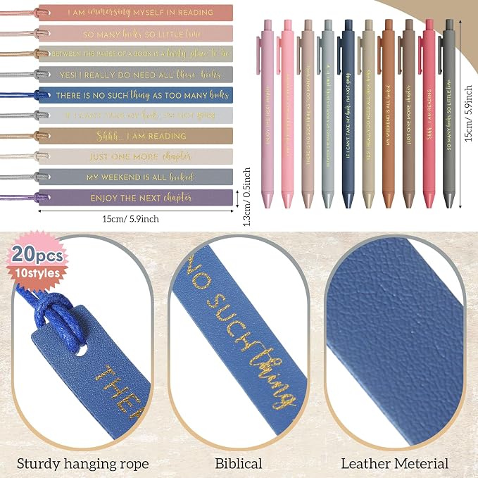 Tinlade 20 Set Book Lovers Gift Bulk Book Club Leather Bookmarks with Ballpoint Pens and Bag for Bookish Librarian Women Teachers Church Bookworms Christian Gifts Appreciation