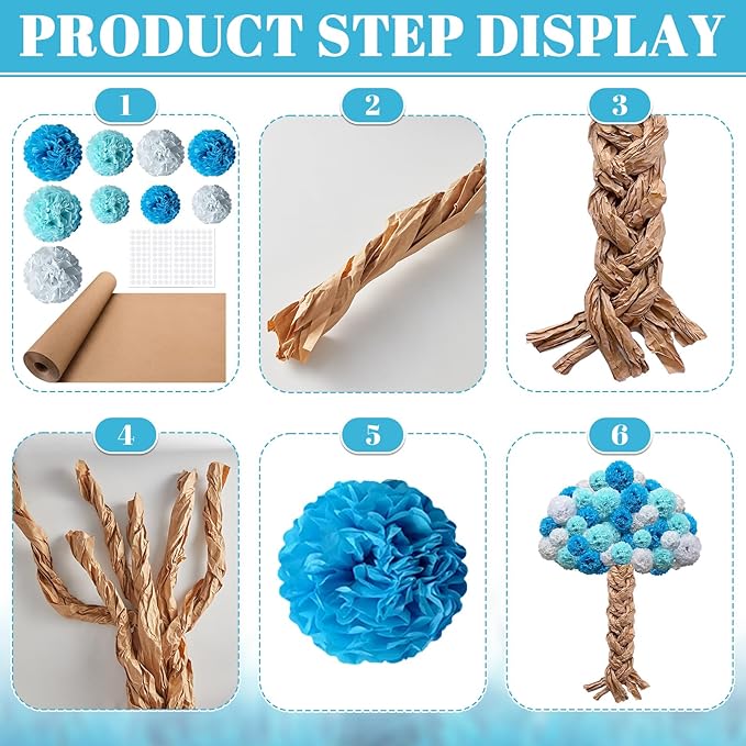 Classroom Tree Bulletin Board Set DIY 3D Cardboard Tree with Paper Pom Poms Kraft Craft Welcome Classroom Bulletin Board for Back to School Nursery Elementary Teacher Chalkboard Wall Decor (Blue)