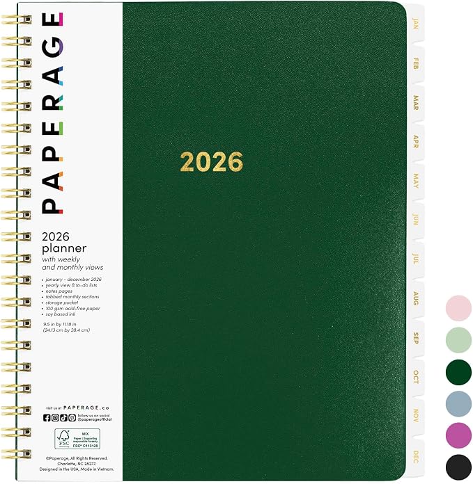 PAPERAGE 2026 Weekly & Monthly Planner, 12 Months, 9.2x11.2 in, Dark Green