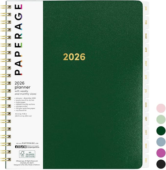PAPERAGE 2026 Weekly & Monthly Planner, 12 Months, 9.2x11.2 in, Dark Green