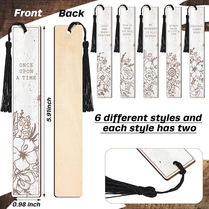 Colarr 12 Pcs Wood Bookmarks for Woman Book Club Gift for Book Worms Books Lovers Bookmarks Bulk with Tassels for Reading Party Favors Books Exchange Club Men & Women Friends