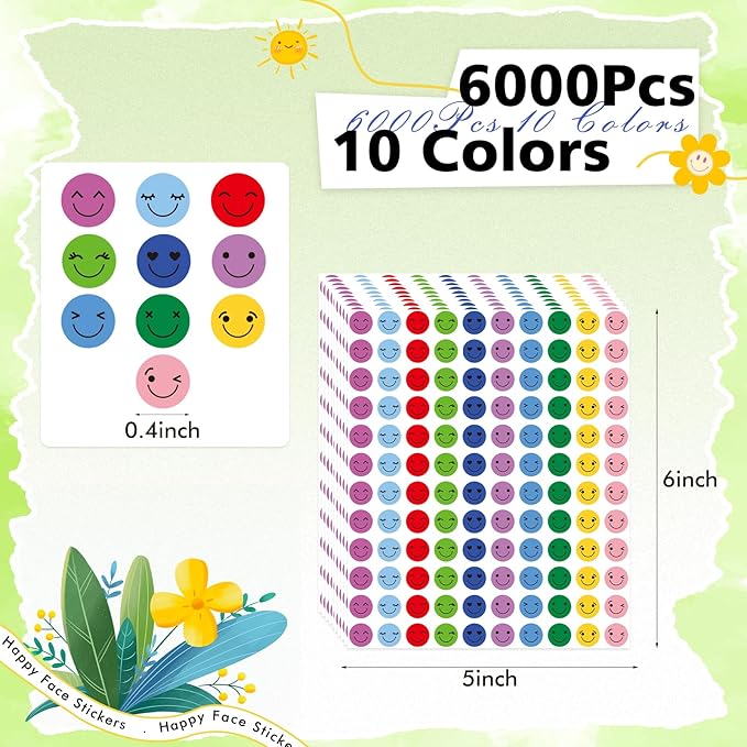 6000 Pcs Happy Smiley Face Stickers for Kids Reward,0.4 inch 10 Colors Mini Round Colorful Reward Labels,10 Styles Happy Face Stickers for School Reward Behavior Chart Students Teacher Supplies