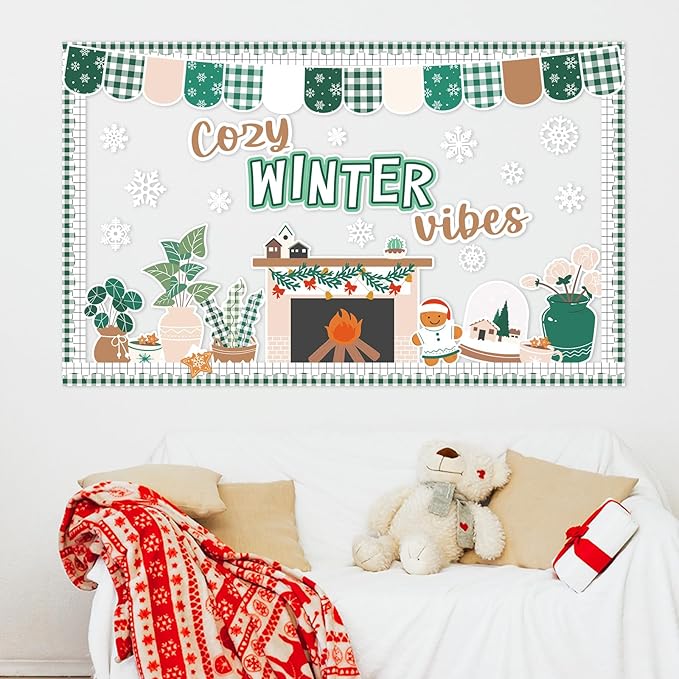 Justforjoyful Christmas Bulletin Board Decorations Winter Fireplace Cutouts Snowflake Gingerbread Bulletin Board Set Xmas Tree Plant Classroom Decor for Holiday Home School Wall Christmas Party Supply