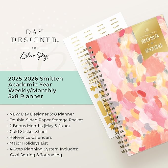 Blue Sky Day Designer 2025-2026 Weekly and Monthly Academic Year Planner Calendar, July 2025 - June 2026, 5" x 8", Flexible Cover, Wirebound, Storage Pocket, Includes Stickers, Smitten