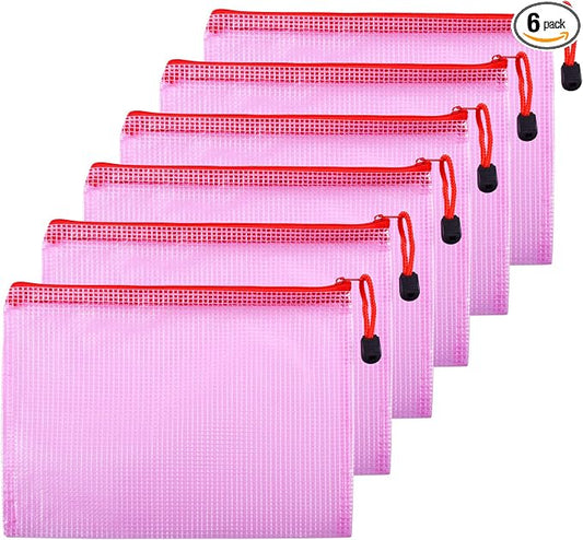 6 Pcs 9.25" x 6.69" B5 Sizes Mesh Zipper Pouch Bags, Mesh Bags with Zipper，Waterproof Clear Document Pouch for Organization Puzzles Travel, Office, Classroom Organization, B5 Red