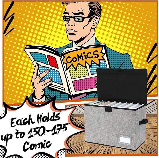 Chuangdi 6 Pcs Comic Book Storage Boxes, Back to School Collapsible Comic Short Box Case with Lid, 15.8 x 7.9 x 11.4 Inch Book Bin Container Holds 150 Comics(Gray)