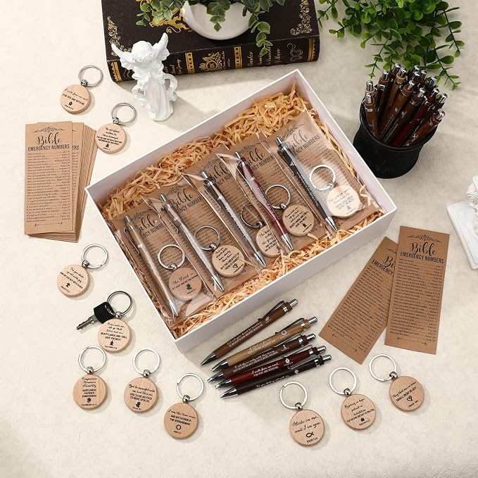 Feifeiya 25 Sets Father's Day Christian Gifts Bulk for Men Bible Verse Pens Keychains Emergency Number Bookmarks Religious Gift Party Favors for Father Pastor Church Baptism Sunday School(Mixed Color)