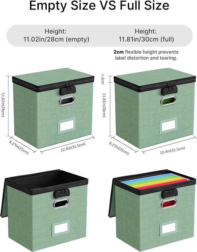 Oterri File Organizer Boxes with Lids, File Box with Mesh Pockets for Letter Size Folders, Lockable Zippers Filing Box for Home,Office, School (Green, Small-L-2 Pack Without Folders)