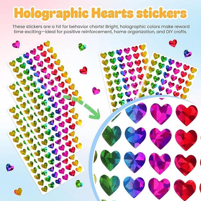 1800Pcs Holographic Heart Stickers, 0.6in Rainbow Tiny Stickers for Kids Rewards, Teachers, Classroom, Reward Charts, Behavior Tracking, Holiday Decor, Planner, Scrapbooking, DIY Crafts