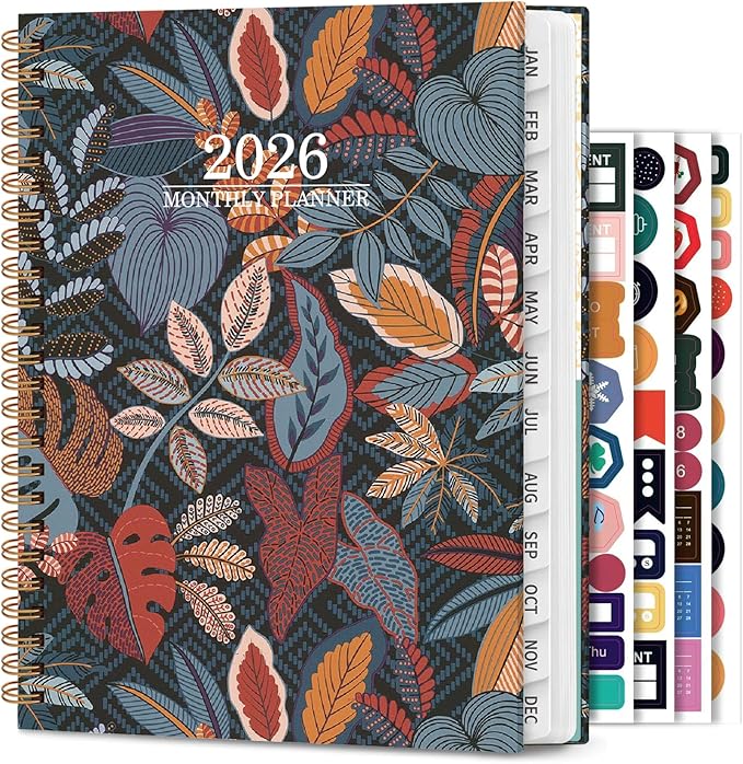 Planner 2026 - Weekly and Monthly Calendar Academic Planner, 2026 Yearly Daily Calendar Planning Agenda Book with Month Tabs, Jan to Dec 2026, With Stickers for Home Office School, 6.5" x 8.5" (Vector leaves)