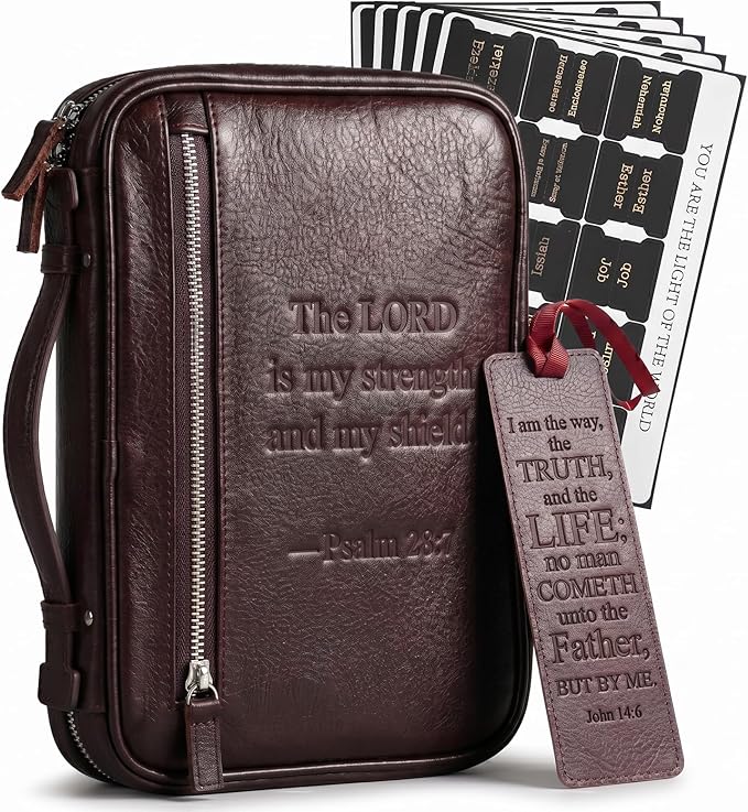 Full Grain Leather Bible Cover Case for Men, Mens Bible Covers Cases Leather Bible Protective Book Holder Carrying Case for Men with Handle Zippered Pocket