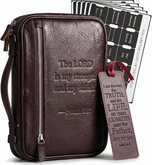 Full Grain Leather Bible Cover for Men, Soft Leather Mens Bible Protective Book Holder Carrying Cover Case for Women Men with Handle Zippered Pocket