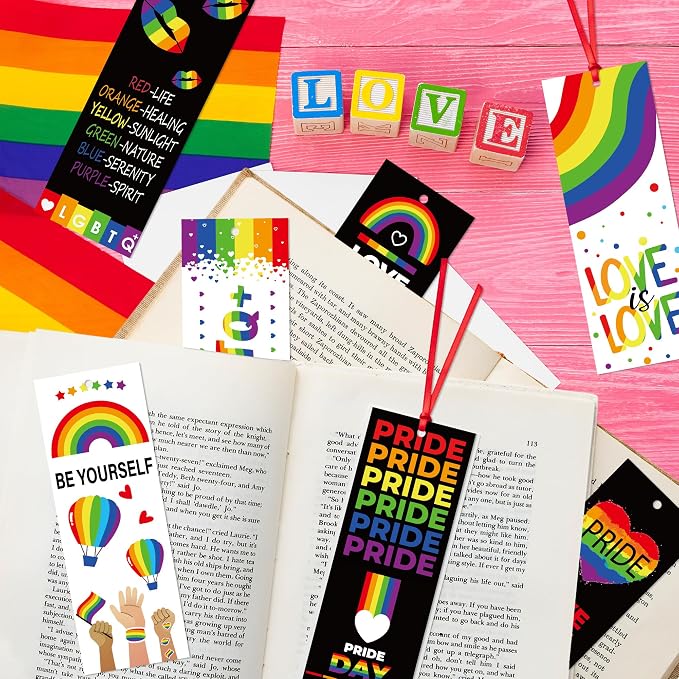 Haooryx Pride Day Rainbow Bookmark - 123Pcs LGBTQ Pride Theme Bookmarks Love Equality Love is Love Rainbow Flag Heart Bookmarks for Pride Day Gay Party Favors Supplies Decor Awareness Seminar Supplies