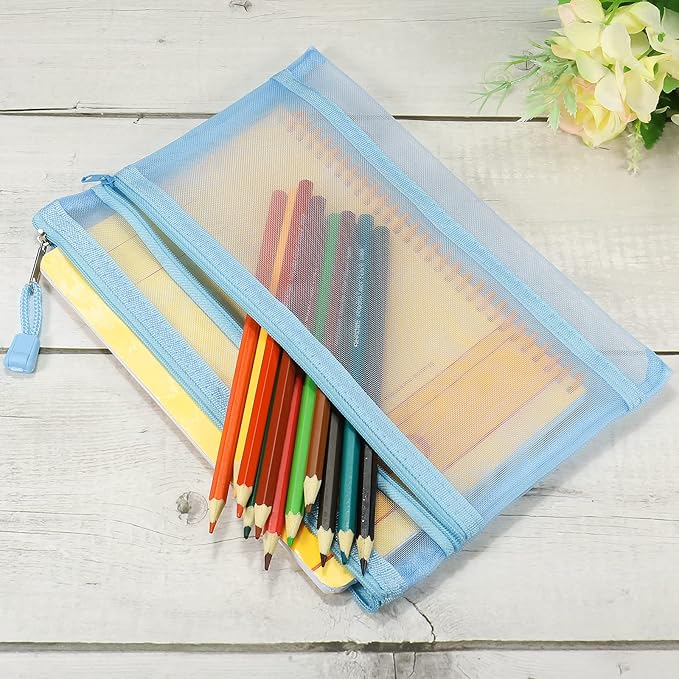 MECCANIXITY Mesh Zipper Bags, A5 Nylon Double Layer Zip File Pouch Storage Organizer Pockets for Travel Office Accessories, Blue Pack of 6
