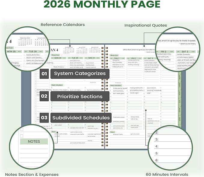 2026 Planner - Business Planner 2026, 3-Tier Schedule Planner Notepad, JAN 2026 - DEC 2026, 2026 Appointment Book, Daily Planners, 8.74" x 11.38", 60 Minutes Intervals + Monthly Tabs + Leather Cover + Pocket - Pea Green